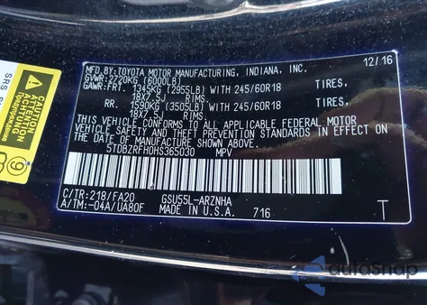 2017 Toyota Highlander Le Plus из США, поврежденный, VIN 5TDBZRFH0HS365030